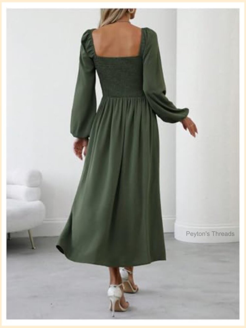 Women's Square Neck Lantern Long Sleeve Ruched Midi Dress - Picture 2 of 6